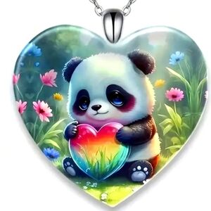 3D GLASS PANDA HEART PENDANT 2in/24in CHAIN ADJUSTABLE